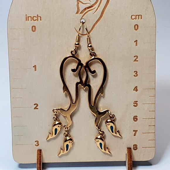 Gold Tone Whale Dangle Earrings Blue Accent Hook 3" Retro Unsigned Vtg - Picture 1 of 4